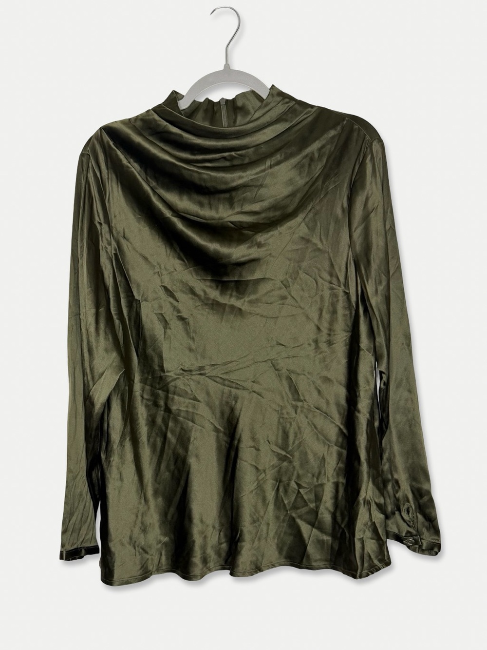 Doncaster Collection 93% Silk Olive Green Draped Mock Neck Blouse Approx L